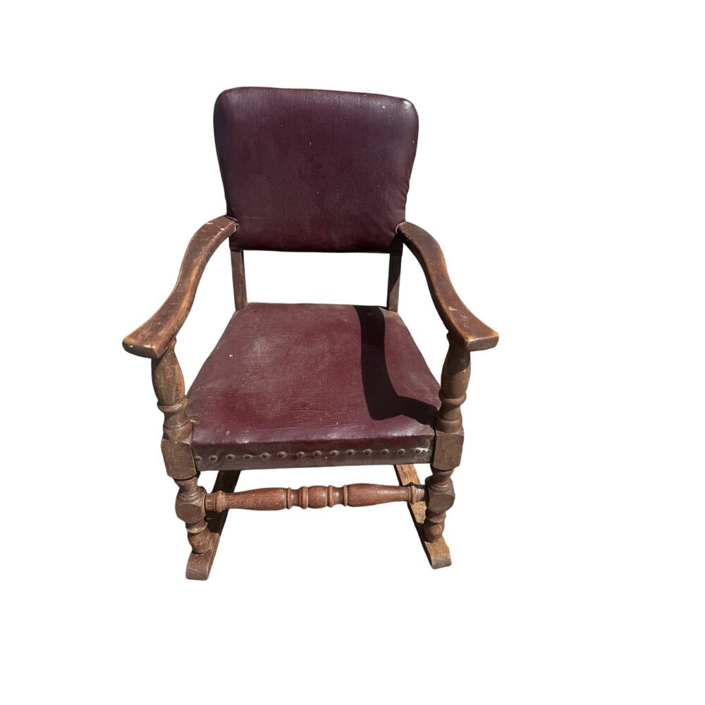🪑 Antique Child’s Rocking Chair Burgundy Leather & Wood Carved Arms Rivets - Picture 2 of 7